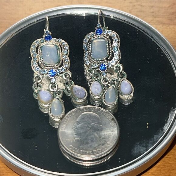 Silver Tone & Light Blue‎ Iridescent Stone Dangle Wire Lever Back Drop Earrings - Picture 2 of 3